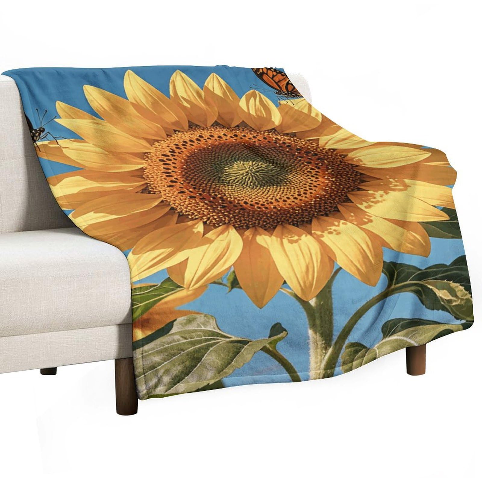 Couverture flanelle papillons et tournesols haut de gamme