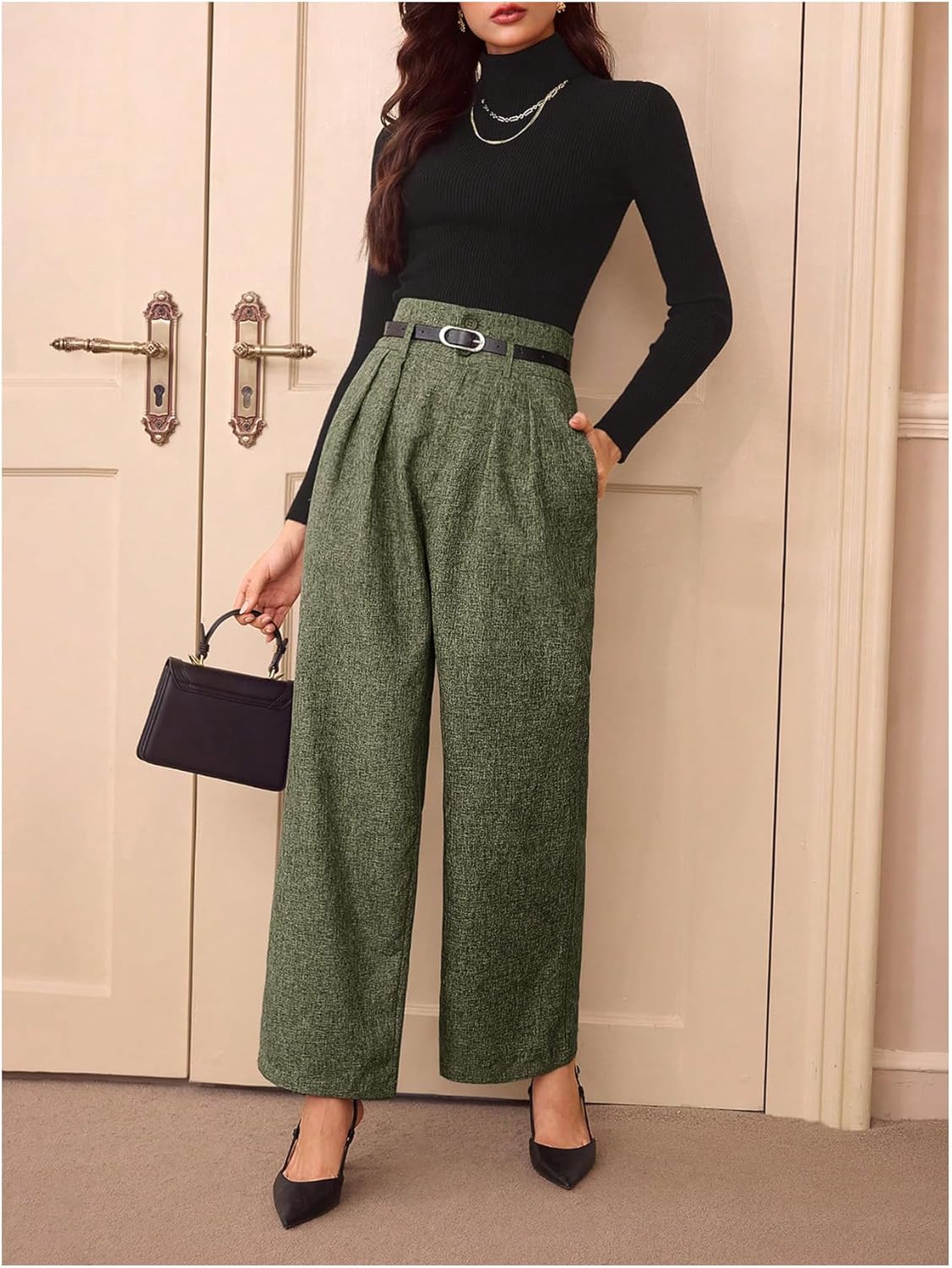 MakeMeChic Women's Fall Work High Waist Pants Pleated Business Office Straight Leg Belted Trousers - Image 4