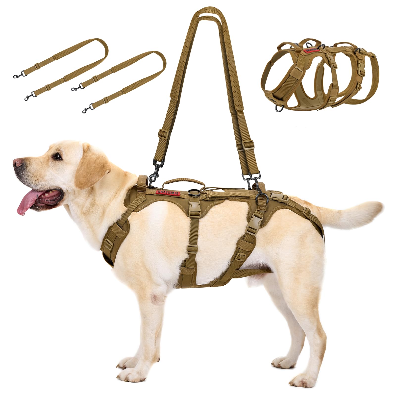 OneTigris Arnés de Elevación para Perros, Excreción Conveniente Apoyo Arnés Perro para Perros Medianos y Grandes, con 5 Anillas metálicas, 3 Asas y 2 Correas de Hombro Ajustables (marrón, XL)