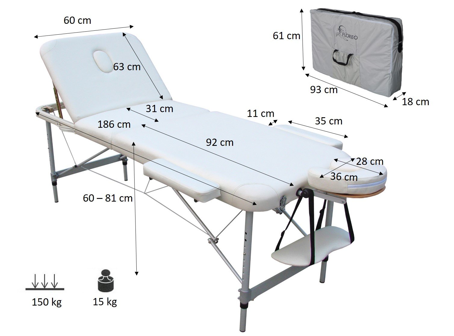 Polironeshop Mercurio Camilla de Aluminio Ligera portátil para Masaje estética Tattoo 60 cm (Blanco) — view 2