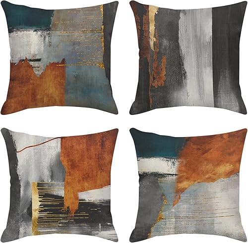 Sanwarm Juego de 4 fundas de almohada decorativas para decoración del hogar, diseño retro de color naranja, con pintura dorada, 18 x 18 pulgadas,