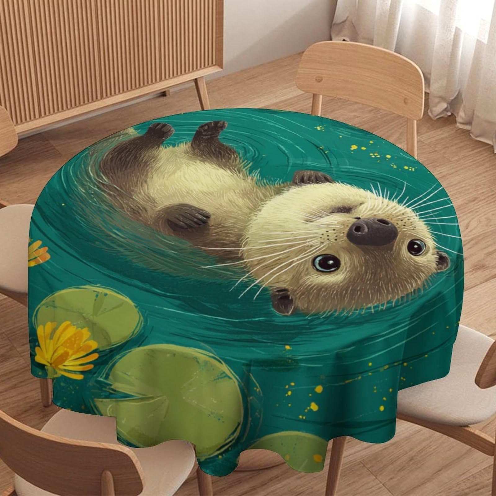 LUYYSKY Beautiful Funny Cute Otters Waterproof Round Tablecloth Colorful Realistic Lotus Leaves Flowers Animals Otters Pattern Washable Table Cover for Kitchen-177.8" Wx177.8 L cm