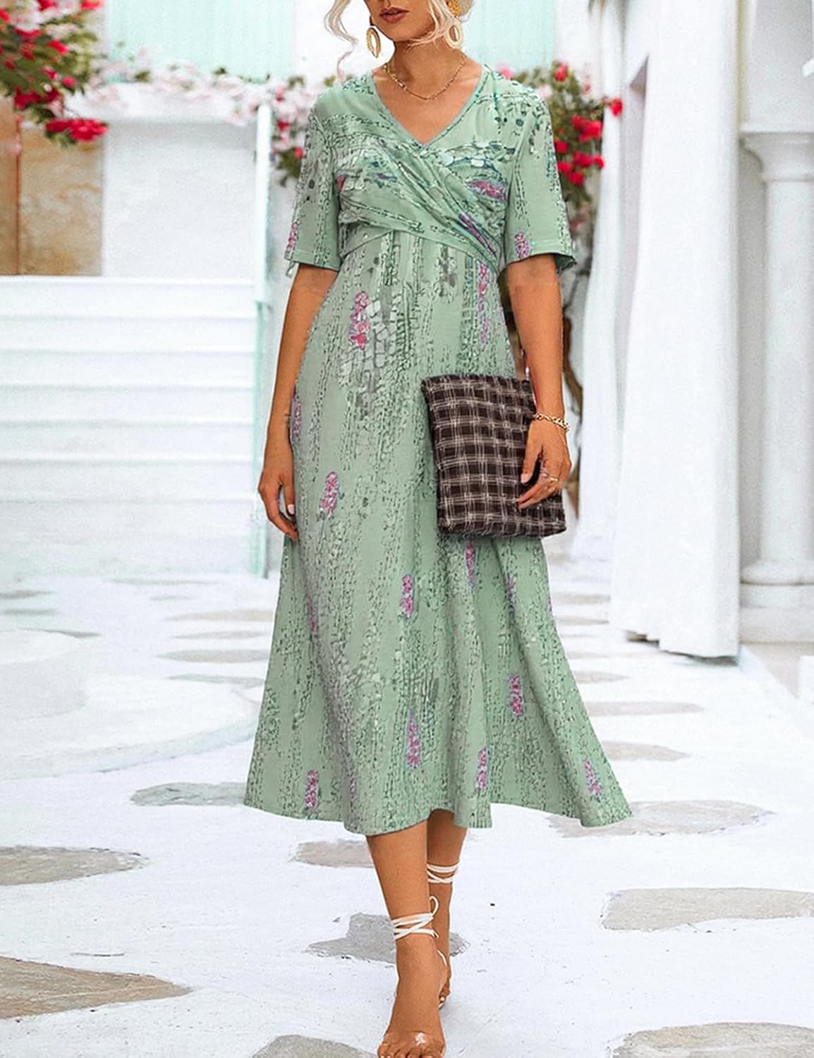 Women Summer Dresses Blue Striped 3/4 Sleeve Midi Dress with Side Pockets Casual Pleated Round Neck Dress - Image 2