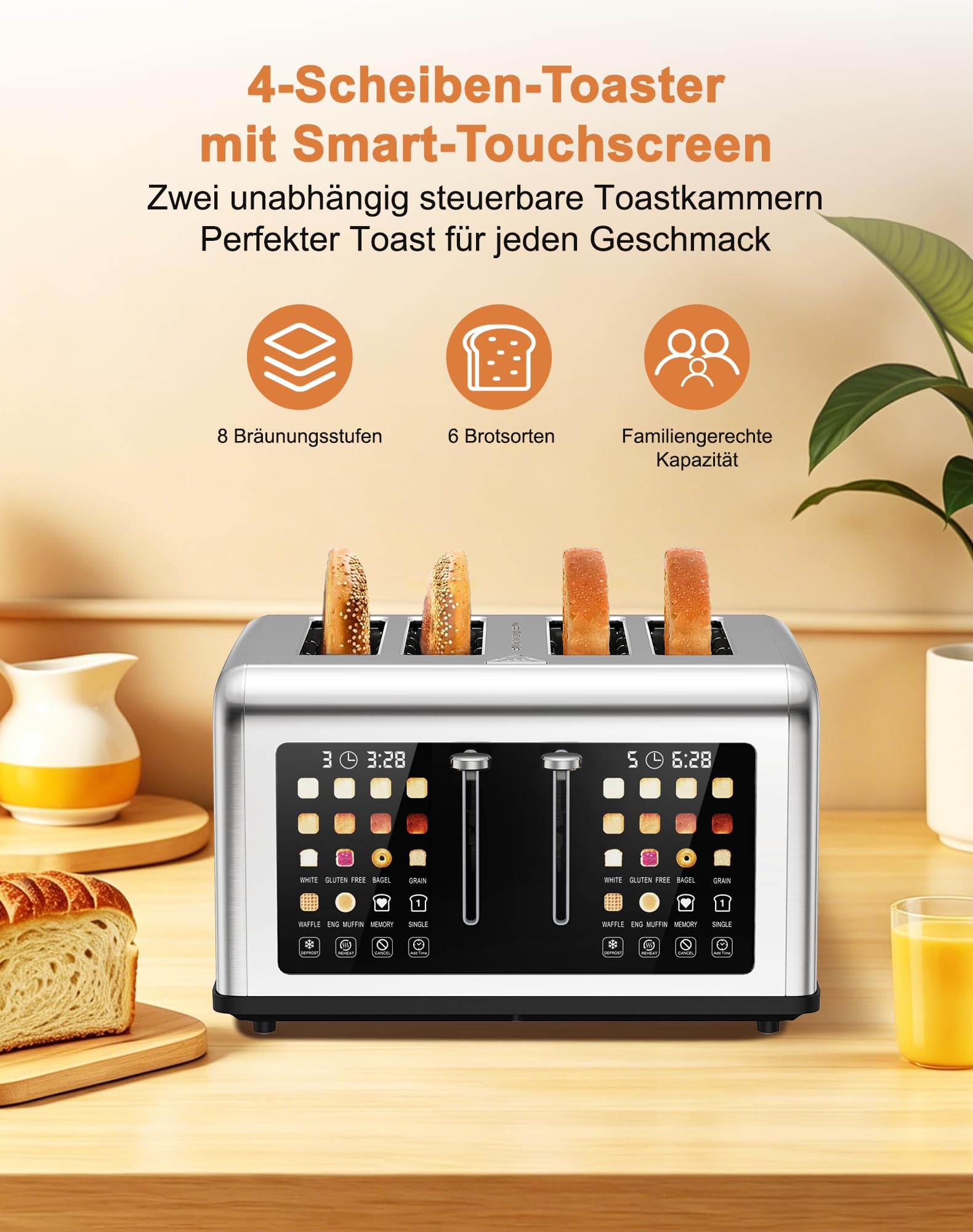 Toaster 4 Scheiben, Edelstahl Langschlitztoaster mit Smart Touchscreen & LED-Countdown, 8 Bräunungsstufen, 6 Brotprogramme, Auftauen & Aufwärmen Funktion, für Bagels & dicke Brotscheiben, 1760W