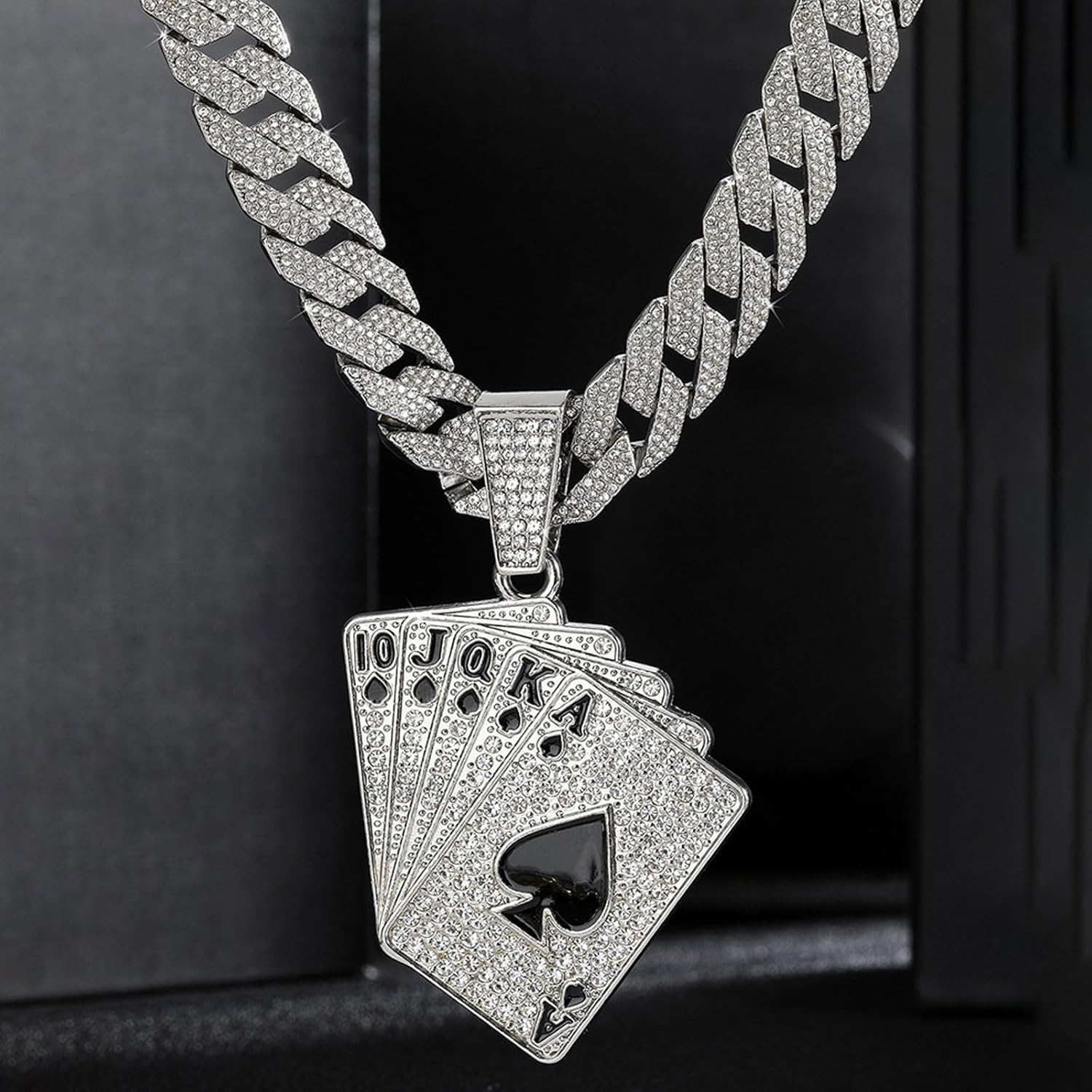 Playing card Hip-hop Cuban Chain, Pendant Miami Cuban Link Chain for Men, Gold/Silver Plated Diamond Necklace, Iced Out Hip Hop Necklace - Image 2