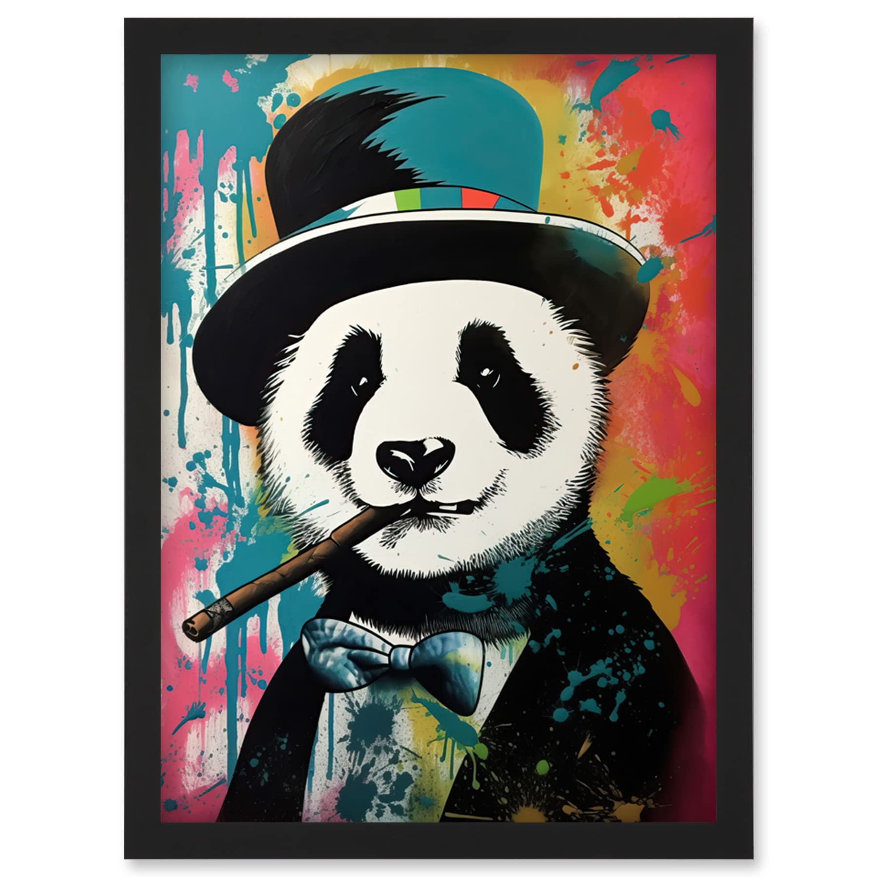 Artery8 Panda Bear Wearing Blue Top Hat Suit Smoking Cigar Artwork Framed Wall Art Print A4