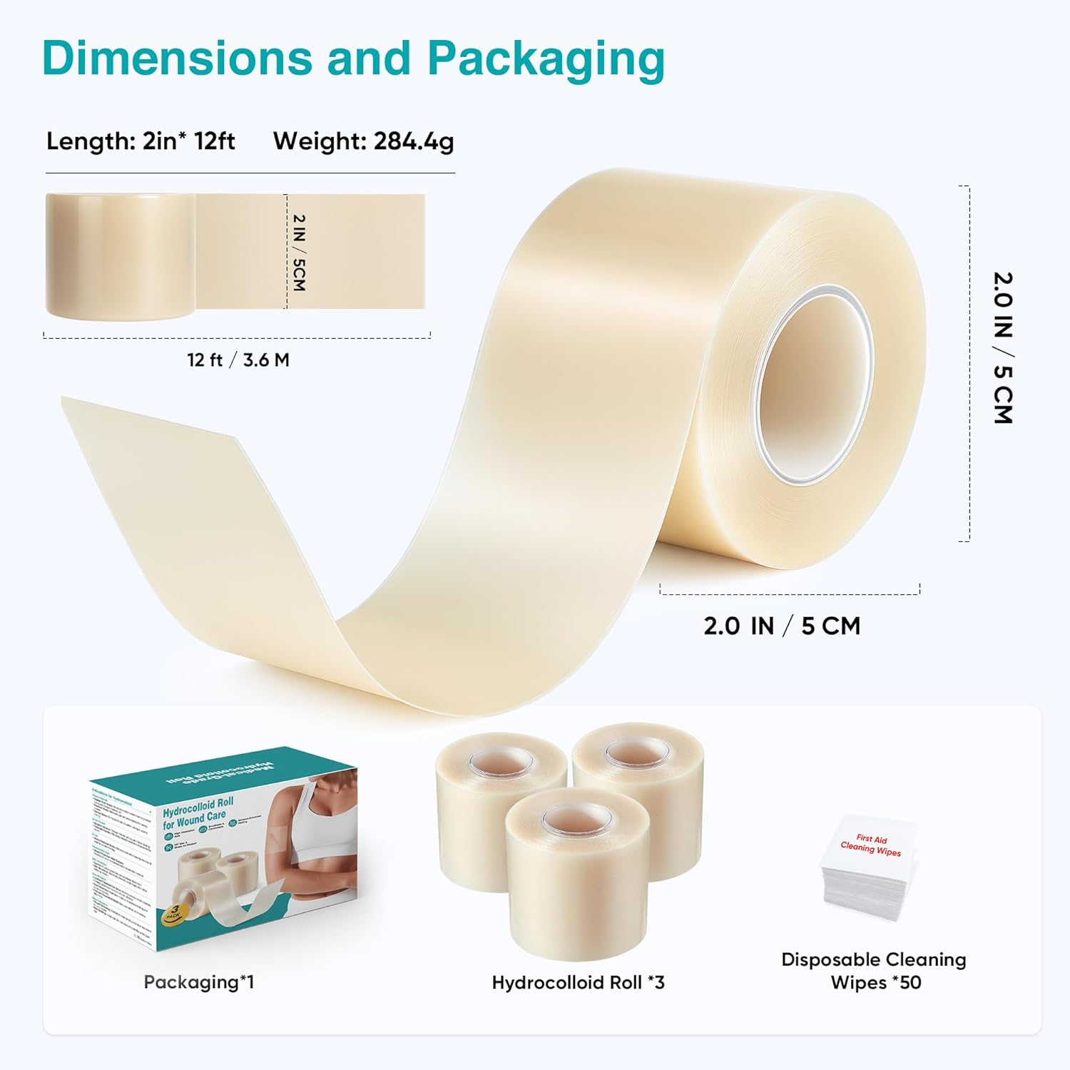 Derm Tape Hydrocolloid Roll – Acne & Pimple Patch - Flexible for Wound Care and Skin Protection - Tape for Burns & Blister Care, Cut-to-Size Hydrocolloid Tape for Daily Use (2in x 12ft x 3Roll)