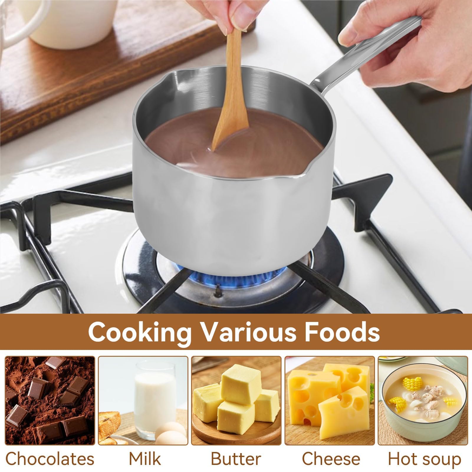 Pot Lait Et Eau Inox FACAIIO Casserole à Lait En Acier Inoxydable – Chauffe-beurre Avec Bec Verseur – Pour Soupes, Sauces, Porridge Et Lait (300 Ml Pot à Lait Et Eau - 7