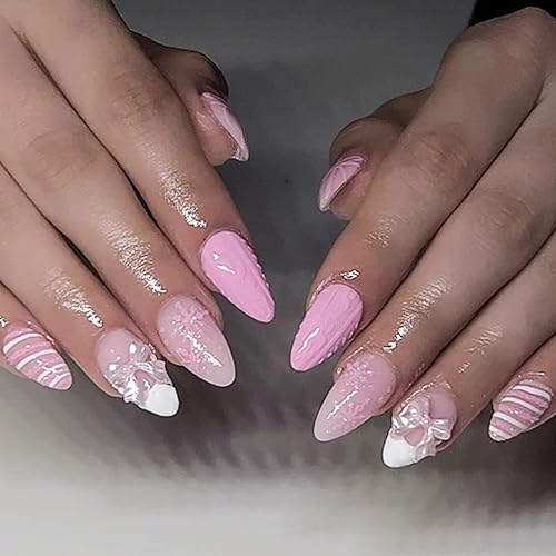 Miniatura 41 de Uñas postizas medianas a presión con lazos 3D, diseño de diamantes de imitación, punta francesa, pegamento brillante en las uñas acrílicas blancas