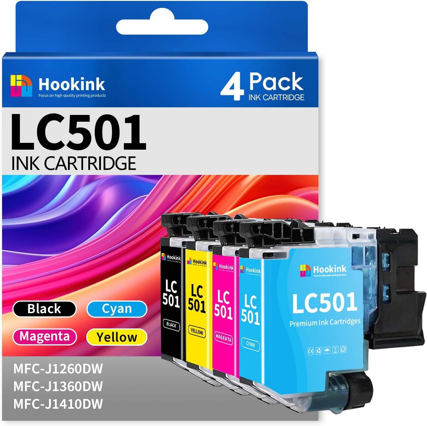 LC501 Ink Cartridges Compatible for Brother LC501XL LC-501 Ink for Brother Printer MFC-J1360DW MFC-J1260W MFC-J1410DW, 4-Pack Standard Yield (Black, Cyan, Magenta, Yellow)