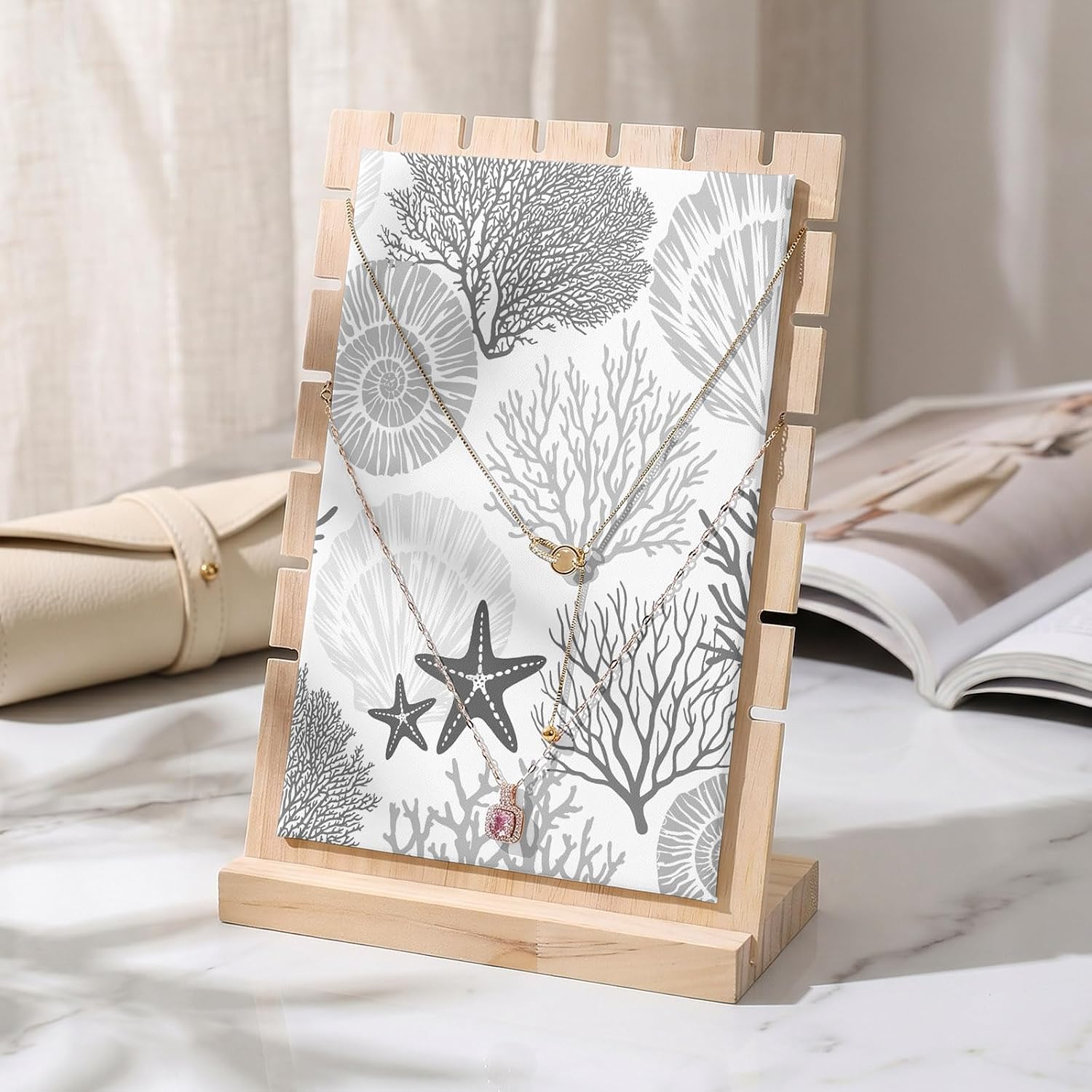 Necklace Display Stand Classic Sea Grey Coral Detachable Necklace Holder Jewelry Display Storage, Abstract Marine Life Scenery Wooden Jewelry Organizer for Selling 7x3x9in