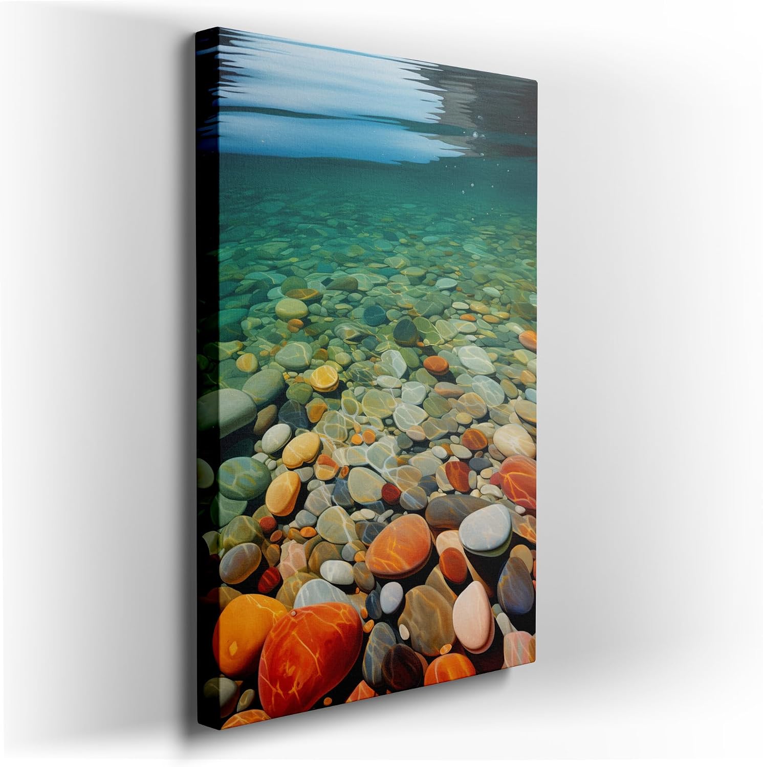 Canvas for Living room. Riverscape Serenity - The Dance of Multi-hued Pebbles Beneath Crystal Waters, 27 x 18 inch Canvas Wall Art - Contemporary Masterpieces - Modern Home Decor