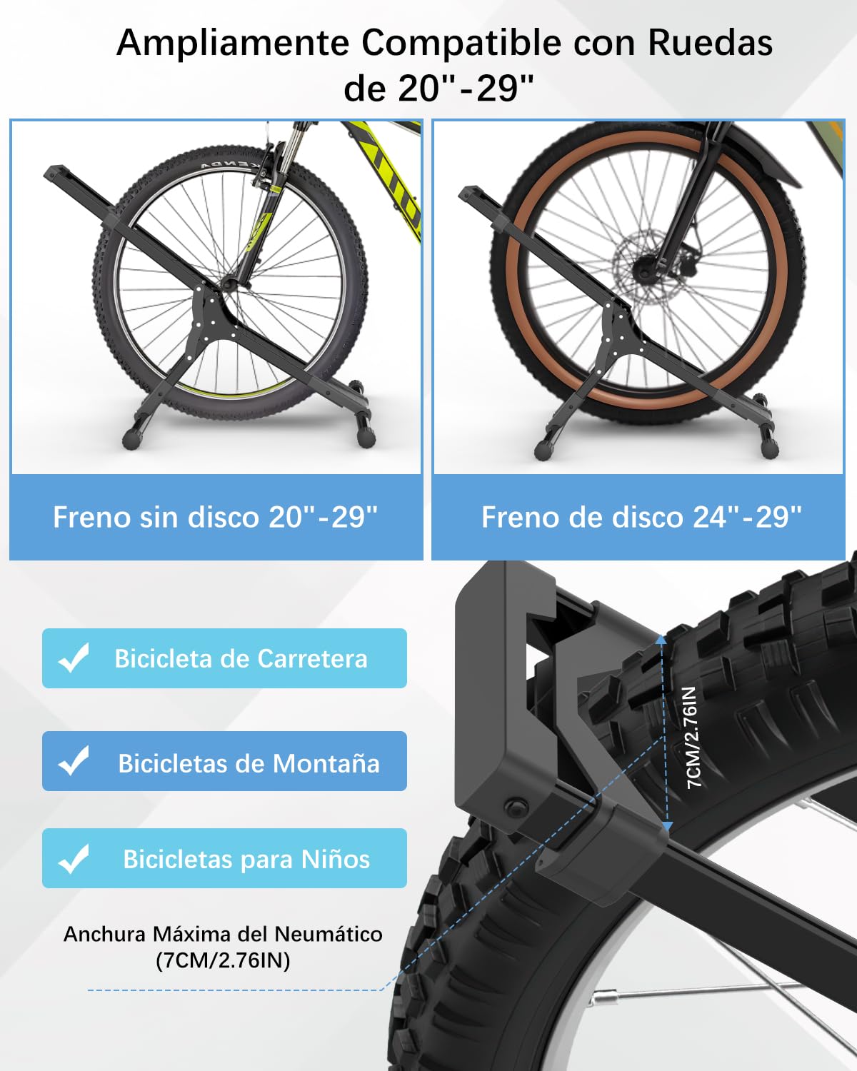 Soporte Bicicletas Suelo, Caballete Bicicleta Acero Soporte Bici Independiente 20''-29'' para Neumáticos Delanteros, para Garaje/Casa