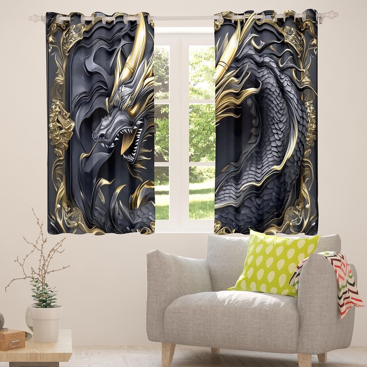 Erosebridal Grey Gloden Dragon Comfoter Set 42" Wx84 L, 2 Panels for Kids Girls Fairy Dragon Darkening Drapes Ancient Wild Animal Window Treatments Mysterious Magic Lightweight Blackout Shades