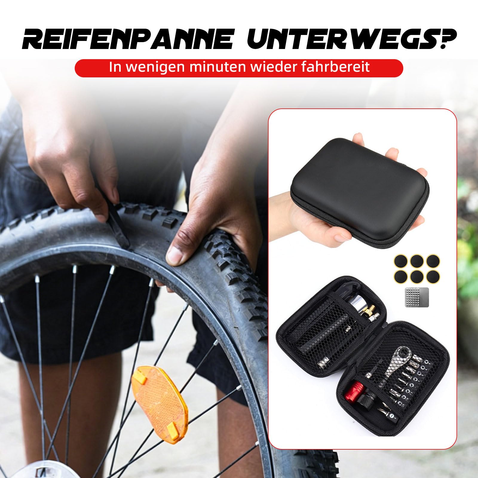 Fahrrad Reparaturset mit Mini Pumpe, Ratschen-Schlüssel, 10 Bits, Reifenflickset & Werkzeugtasche – Fahrrad Notfallset für unterwegs (AV-Ventil mit Presta Adapter) (Schwarz)