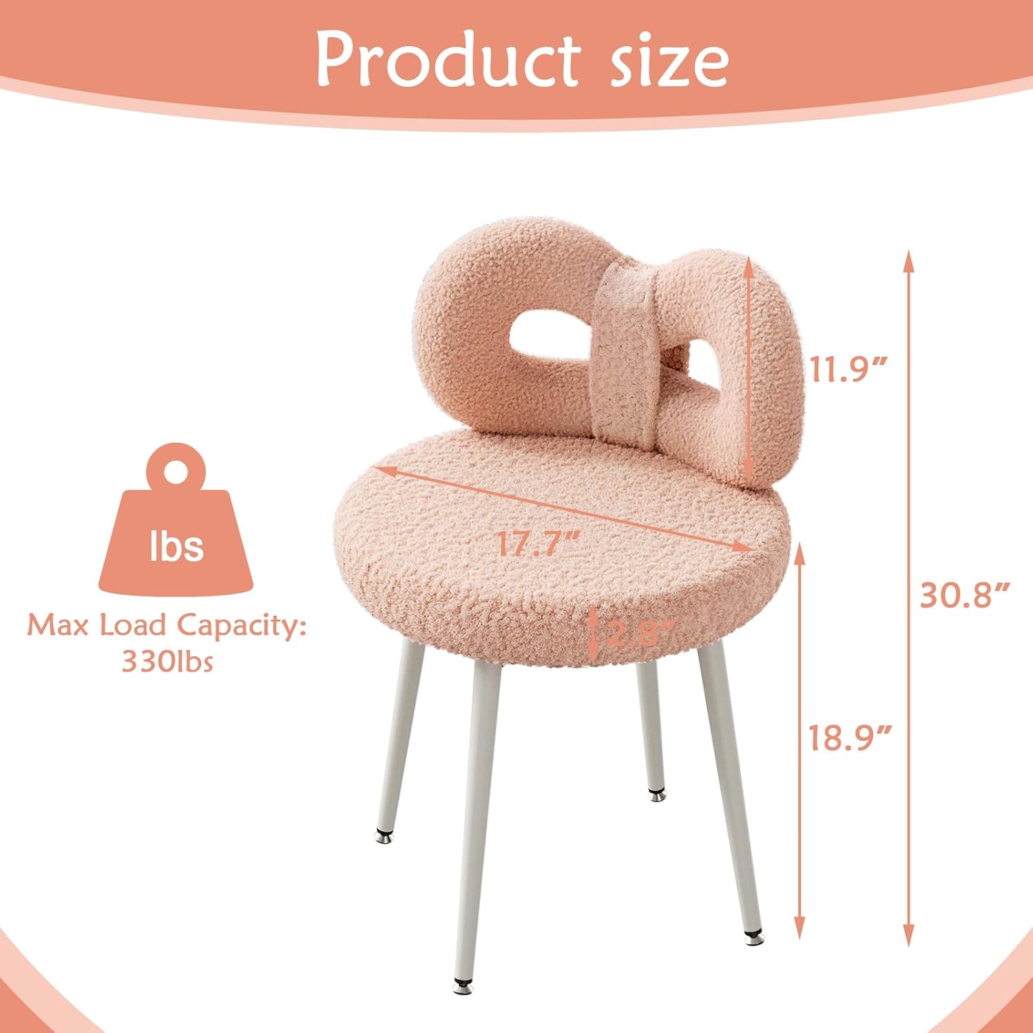 Vanity Chair with Back, Swivel Design,No Wheels,Small Upholstered Pink Makeup Chair for Girls with Cute Bow Backrest for Bedroom
