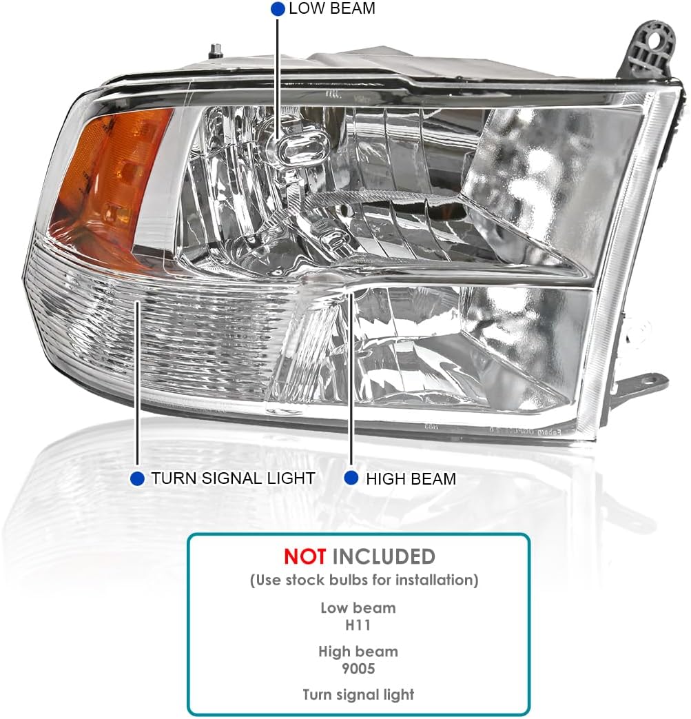 SPEC-D TUNING Chrome Quad Headlights Compatible with 2009-2018 Dodge Ram 1500/2500/3500 Left + Right Pair Head Lights Lamp Assembly