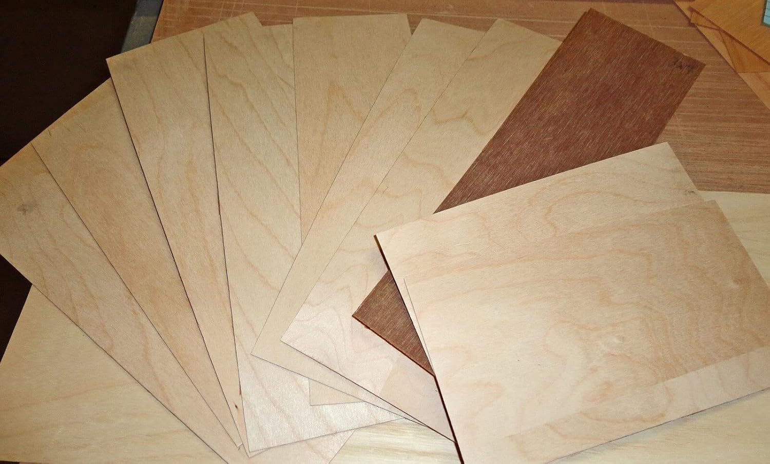 Birch Wood Veneer Sample Pack = 10 Pieces with phenolic Backer (3"-5" x 7"-10")
