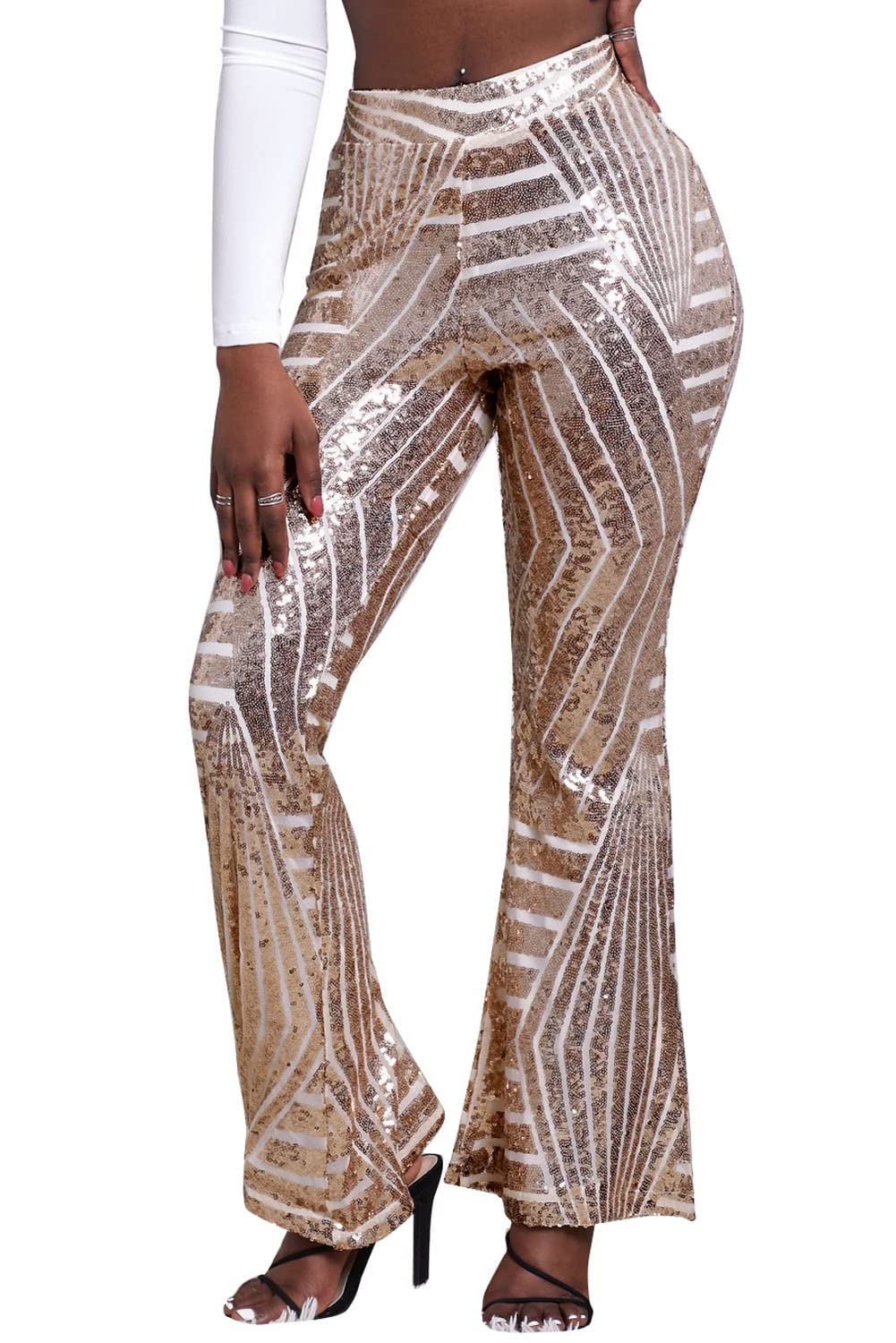Womens Fashion Sequins Sparkle High Wide Leg Pants Causal Waisted Bell Bottoms Trousers
