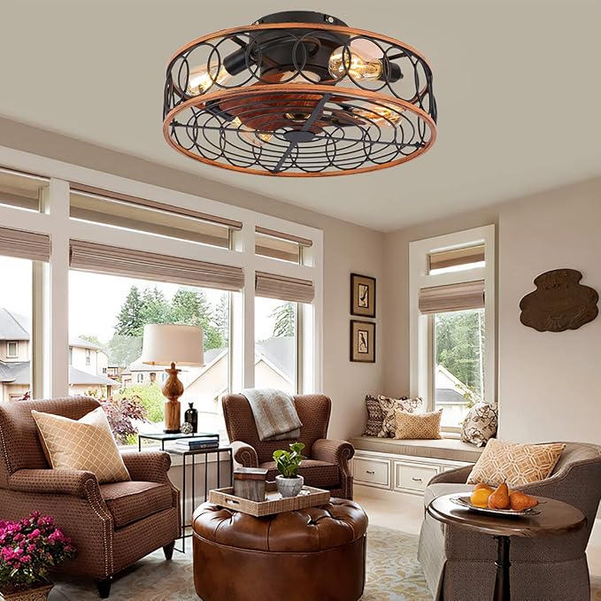 ZEELYDE Hanglamp/Plafondlamp,Industriële plafondventilatoren met lampen vintage stijl 6 snelheden timer plafondventilatoren met verlichting bruin DC omkeerbare stille retro metalen kroonluchters met