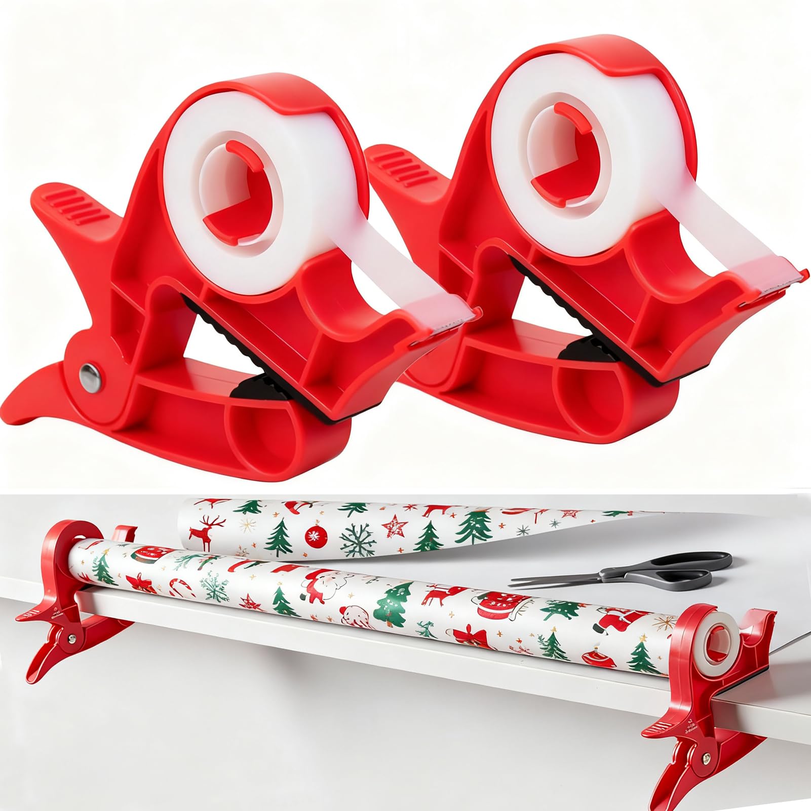 Wrapping Paper Cutter, 2Pcs Wrapping Paper Clamps with Tape Dispenser Gift Wrap Holder Tabletop Gift Wrapping Tool Christmas Wrapping Accessories