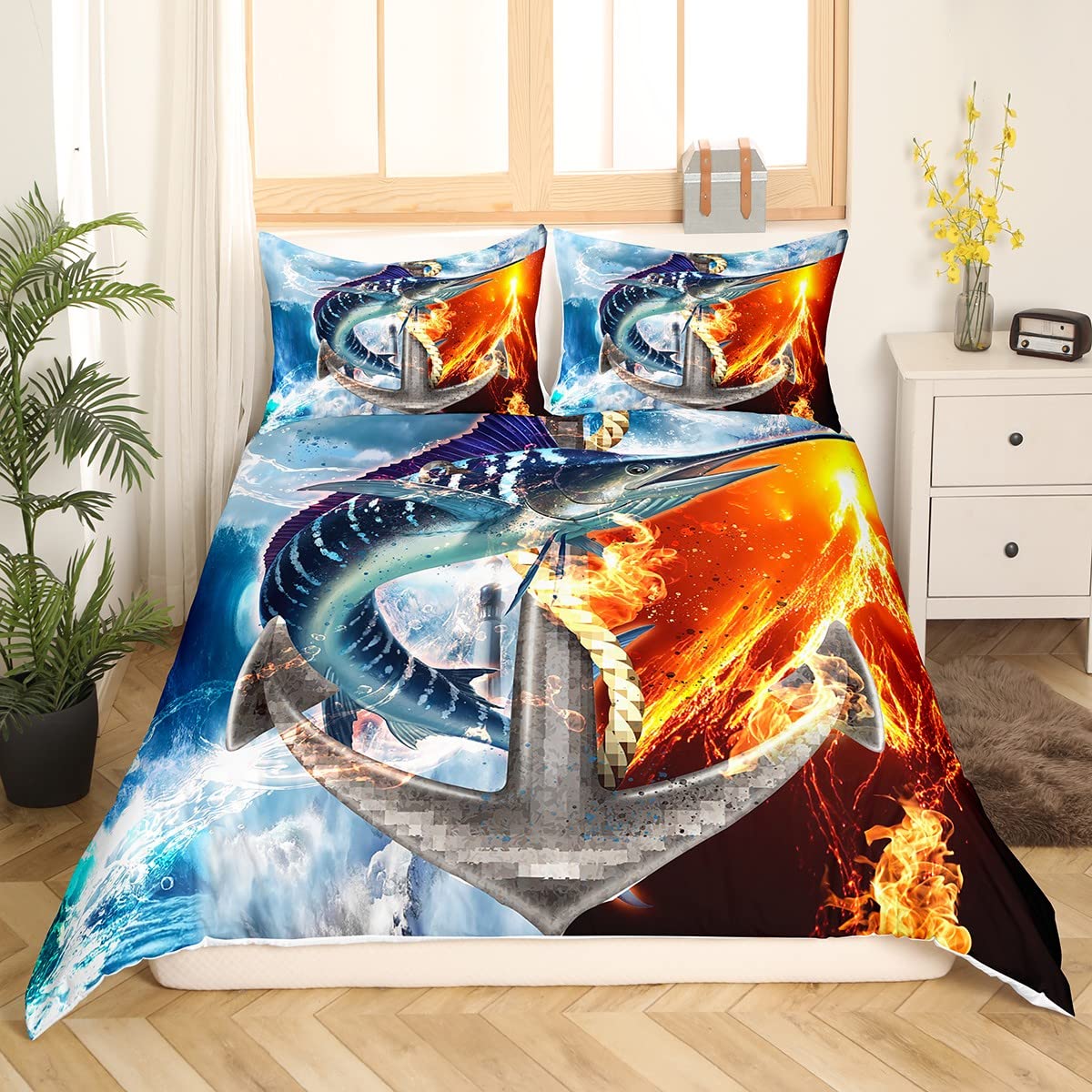 Marlin Swordfish Bedding Set for Kids Boys Girls Ocean Fish Comforter Cover Set Nautical Fishing Duvet Cover Marine Sealife Bedroom Decor Bedspread Cover Double Size Bedding Collection 3Pcs Boys - Image 3