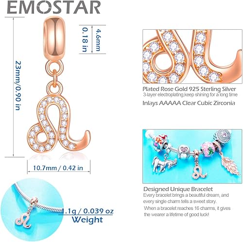 Miniatura 4 de EMOSTAR Dijes de signo del zodiaco para pulseras europeas Collar de plata de ley 925 de oro rosa, 12 cuentas de piedra natal de circonita cúbica