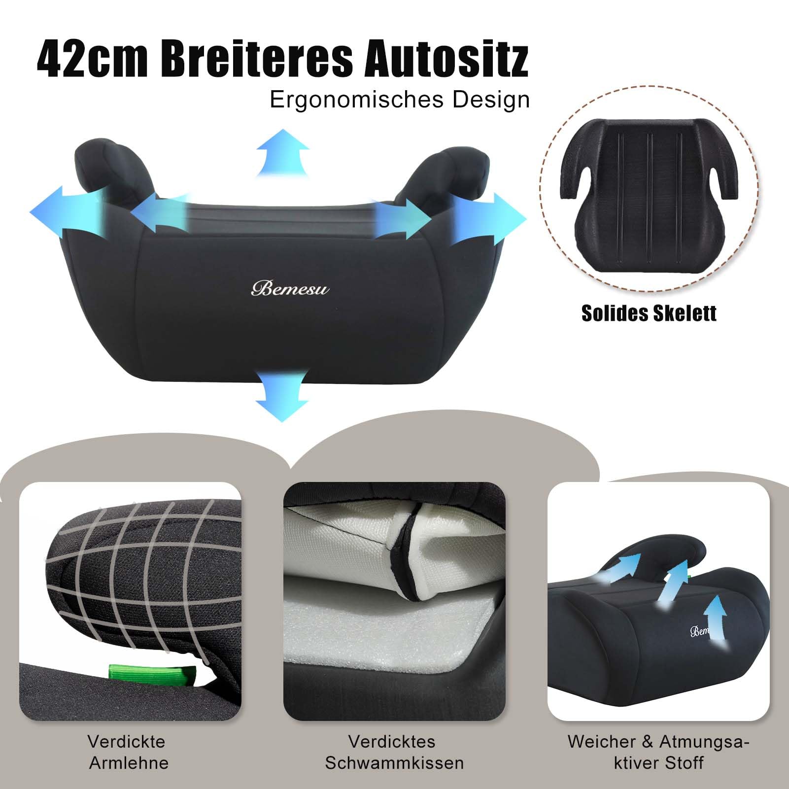 Bemesu Kindersitzerhöhung, Sitzerhöhung Auto Kinder 125-150cm, Kinderautositze Nach Neuer i-Size Norm R129, Kindersitz ohne ISOFIX, Autositz für Kinder 6-10 Jahre (Schwarz)