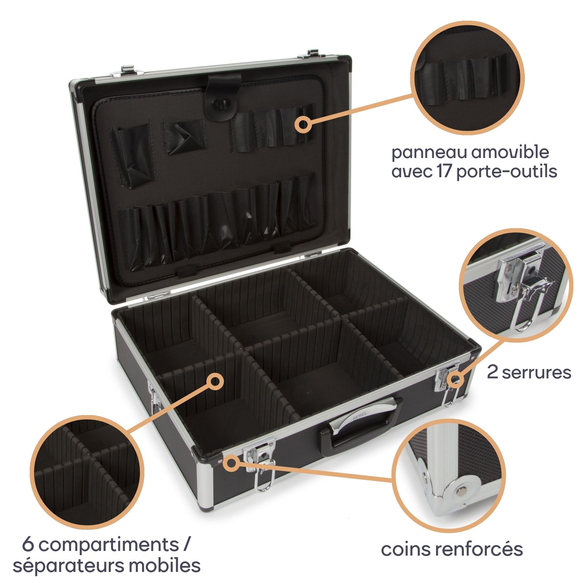 Perel Mallette à outils, porte-outils, séparateurs amovibles, verrouillage par clé, 2 clés, aluminium, noir, 455 x 330 x 152 mm
