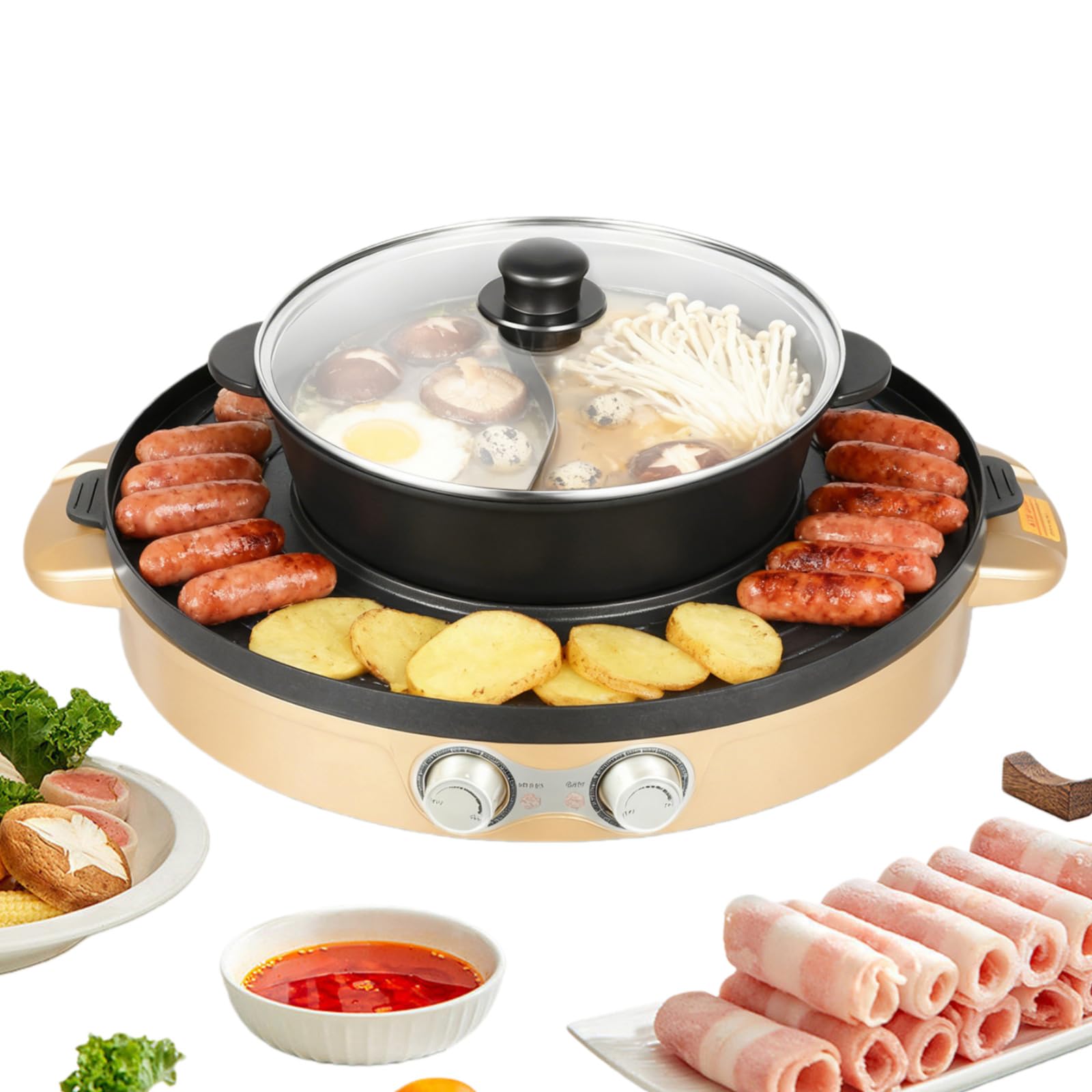 Appareil Fondue Chinoise Hot Pot 2 en 1, 2200 W Electrique Barbecue Coréen de Table avec Revêtement Antiadhésif, Portable Casserole Électrique Amovible pour Hot Pot BBQ Coréen, 52x18.5cm