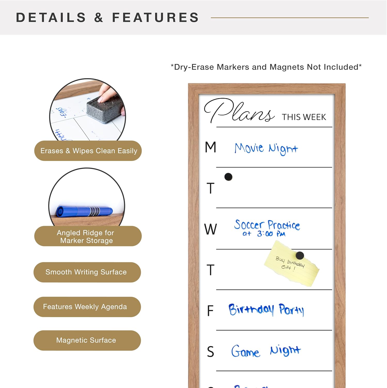 MCS Dry Erase Weekly Planner 14x30 Walnut Framed Calander Whiteboard for Wall, Plan Your Week with Family Weekly Planner for Dinners, Sports, Events & More