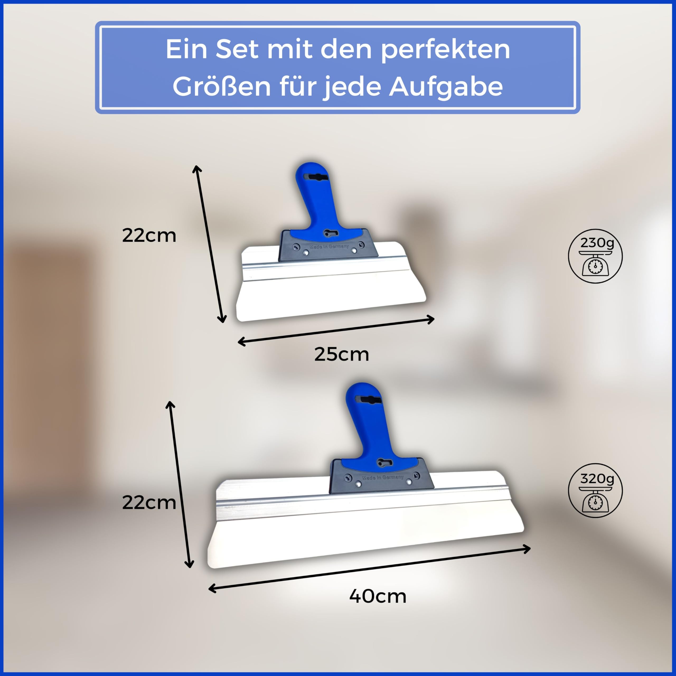 Made in Germany, set spatole alta qualità, 400 mm e 250 mm, per stuccare, intonacare e rimuovere carta da parati, piastra 2K, impugnatura morbida. (SET)