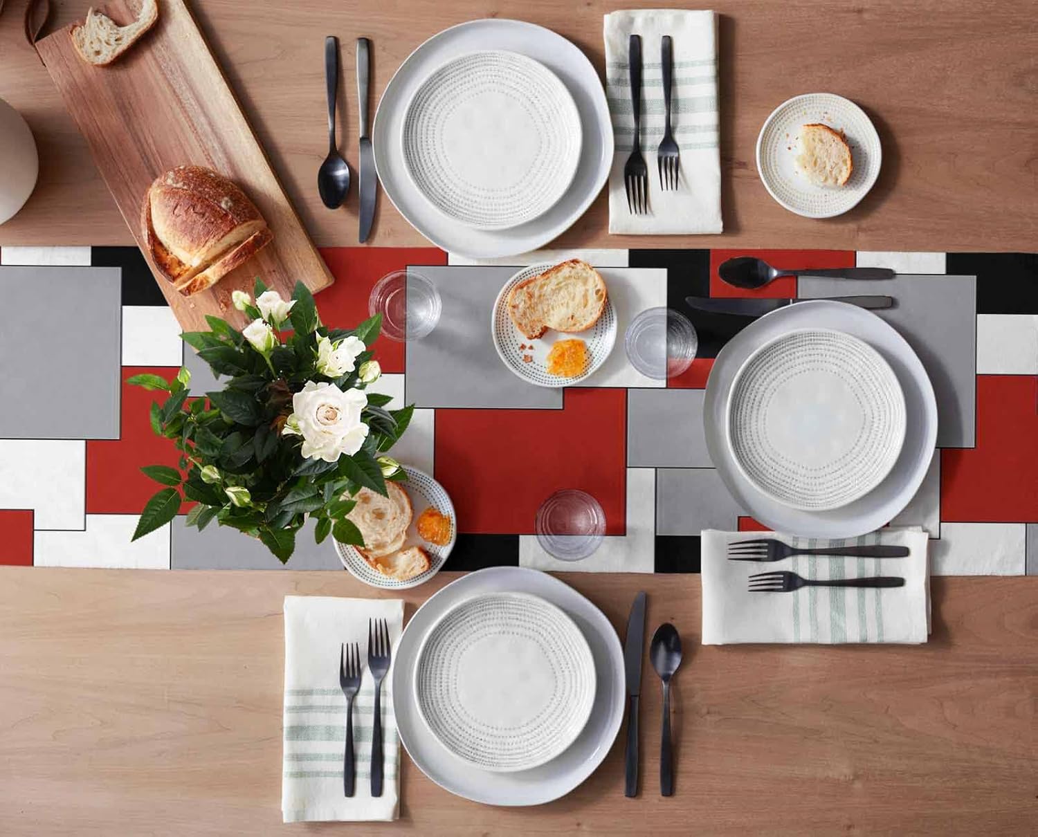 Irregular Geo Cotton Linen Table Runner Dresser Scarves,White Grey Black Red Abstract Geometric Table Runners for Dinning Table,Farmhouse Kitchen Decor,Holiday Dinner Decoration-13x90 Inch
