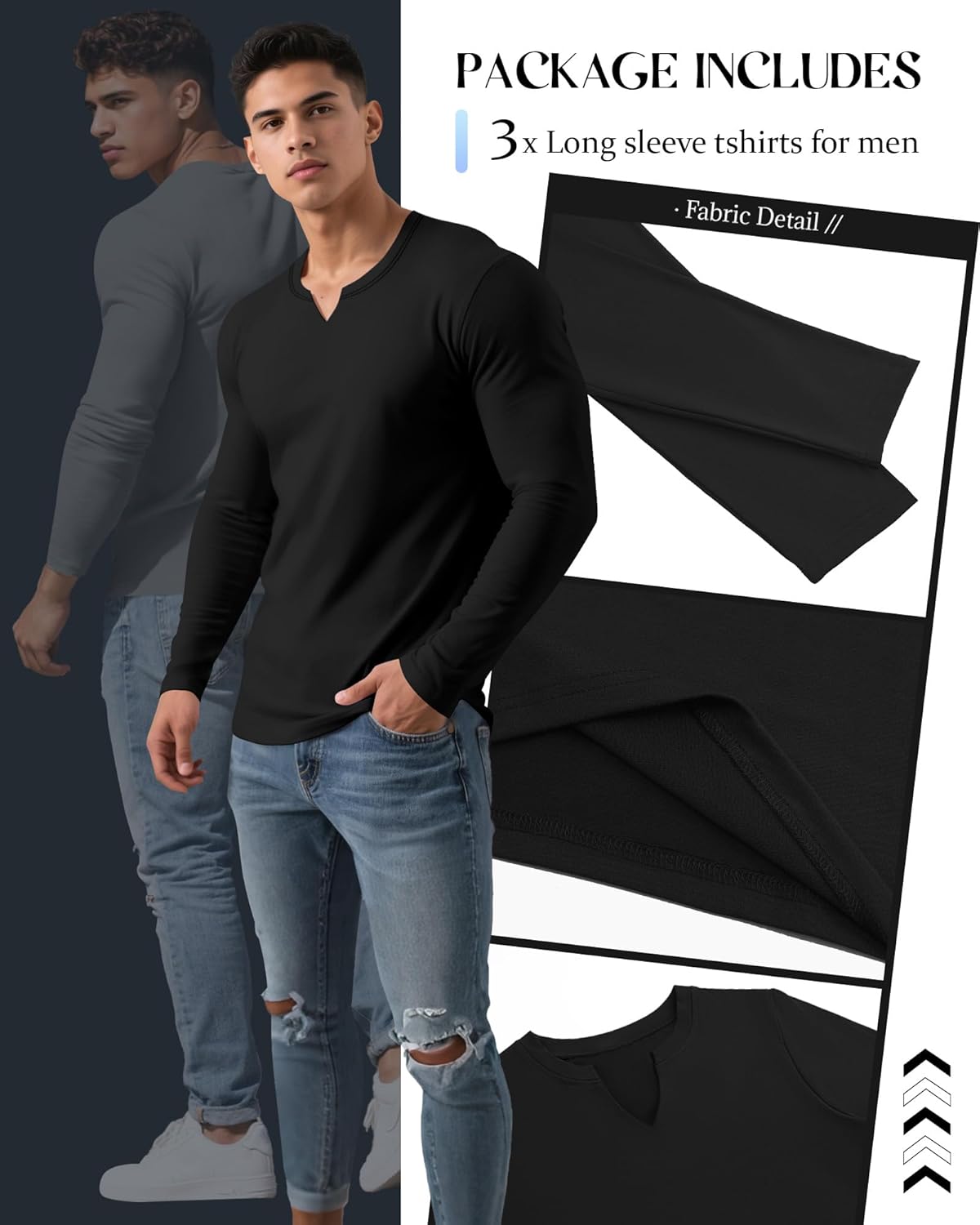 Riyiper 3 Pack Men's Long Sleeve T Shirts, V Neck Longline Henley Cotton Shirts Casual Muscle Tee Stretch Athletic Tops