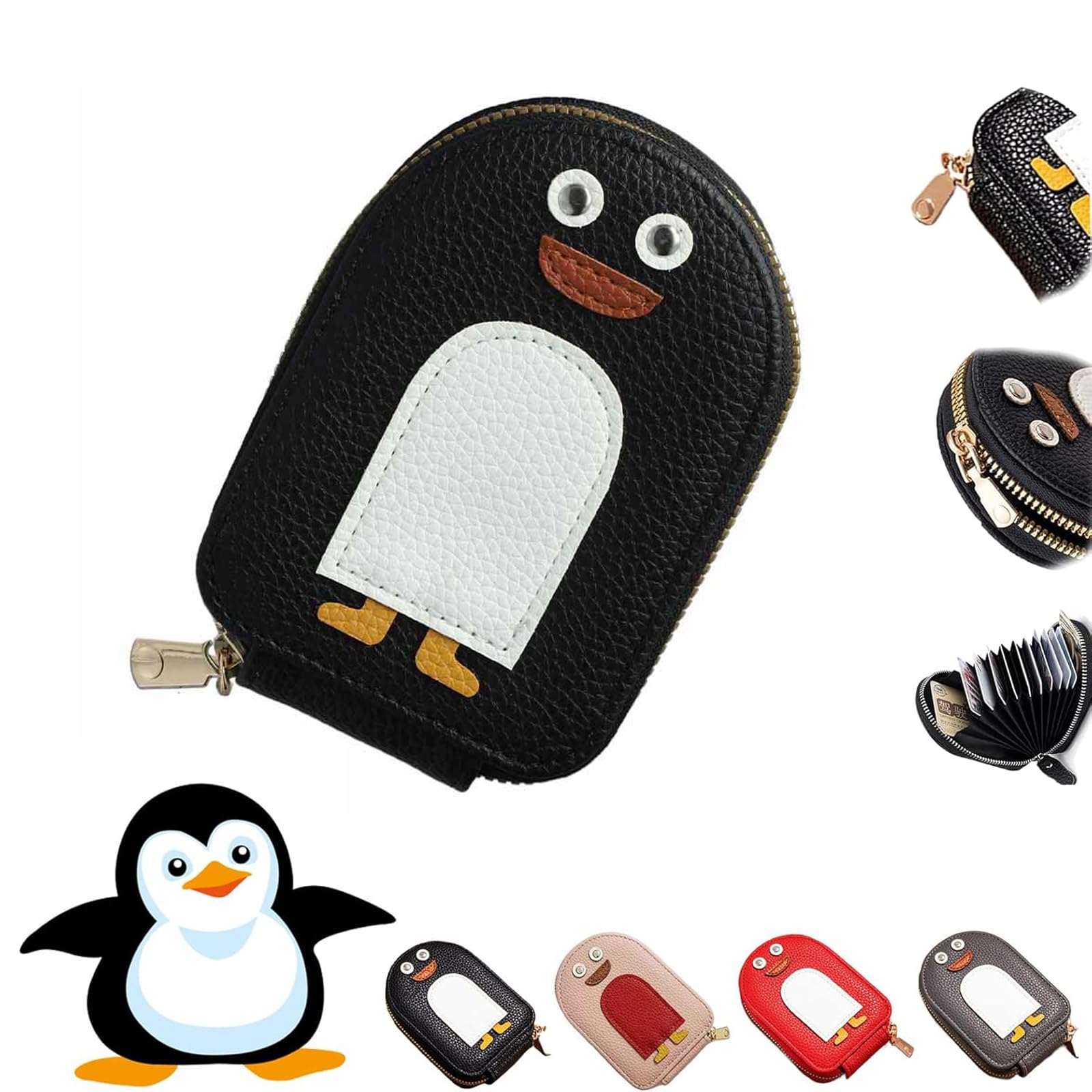 Cute Penguins PU Credit Card Coin Wallet,Creative Cartoon Penguin Accordion Card Wallet,Portable Penguin Card Holders with Zip,Multi-slots Credit Cards Bag PU Leather Cute Wallet Bag (Black)