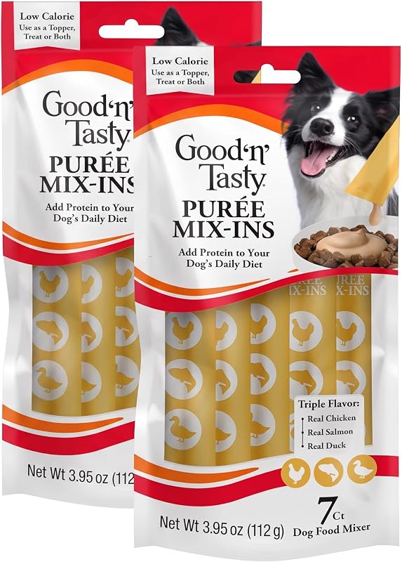 Petisco Topper de Purê para Cães Good ‘N’ Tasty com Frango, Salmão e Pato, 7 Porções Individuais, Pacote com 2