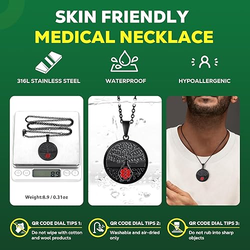 Miniatura 2 de Theluckytag Collar de alerta médica para hombres, mujeres y niños - Collar médico de acero inoxidable de 19 '' Collar de identificación médica con