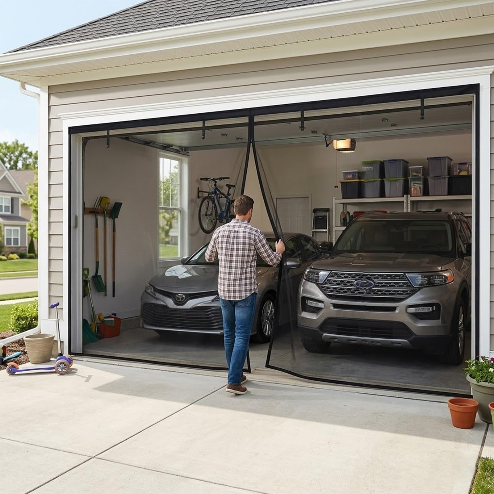 Moustiquaire porte magnétique anti-mouches sans percer le cadre de garage noir 244x213cm