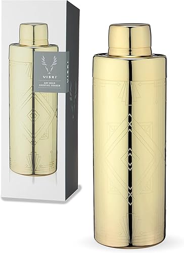 Viski Art Deco - Coctelera de acero inoxidable grabada de 24 onzas con colador y acabado dorado
