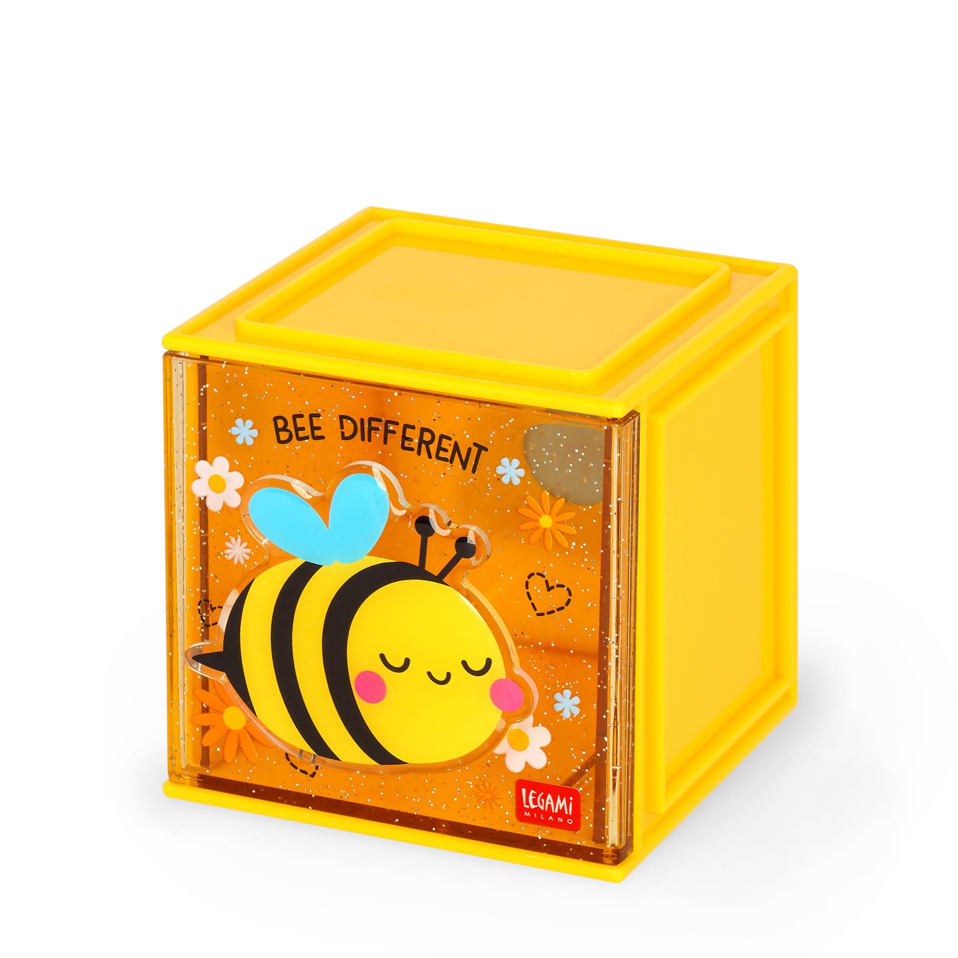 Legami - Box Componibile da Scrivania Cutie Cubes, Tema Bee, Organiser da Scrivania, Portaoggetti, Foglio di Adesivi incluso, Impilabile, Multifunzionale, in ABS, 90 x 90 x 100 cm