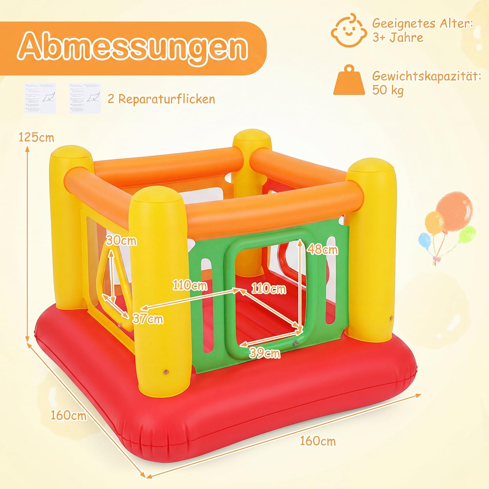 COSTWAY Hüpfburg, Bouncy Castle mit 4 Türen für Kinder, 160 x 160 x 125 cm (Rot + Gelb)