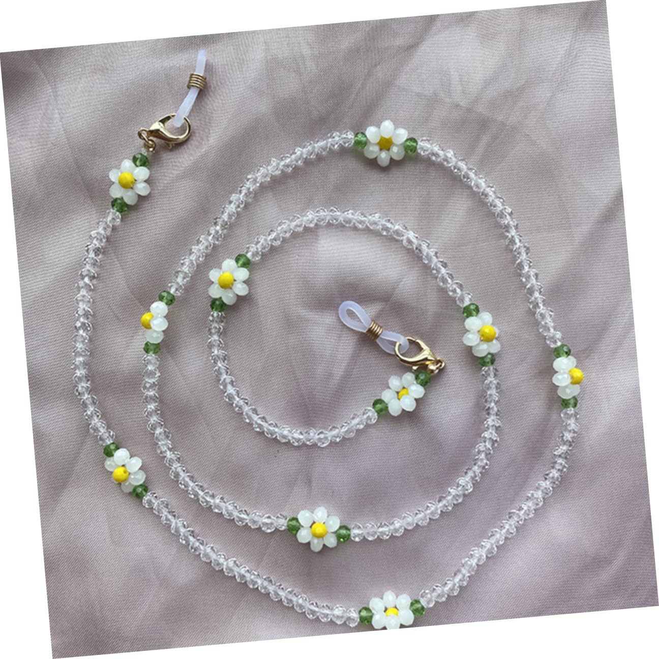 OUNONA Crystal Beaded Eyeglass Chain and Mask Anti-lost Necklace White Flower Pendant, Stylish Glasses Hanging Strap for Women, Sweater Chain Accessory