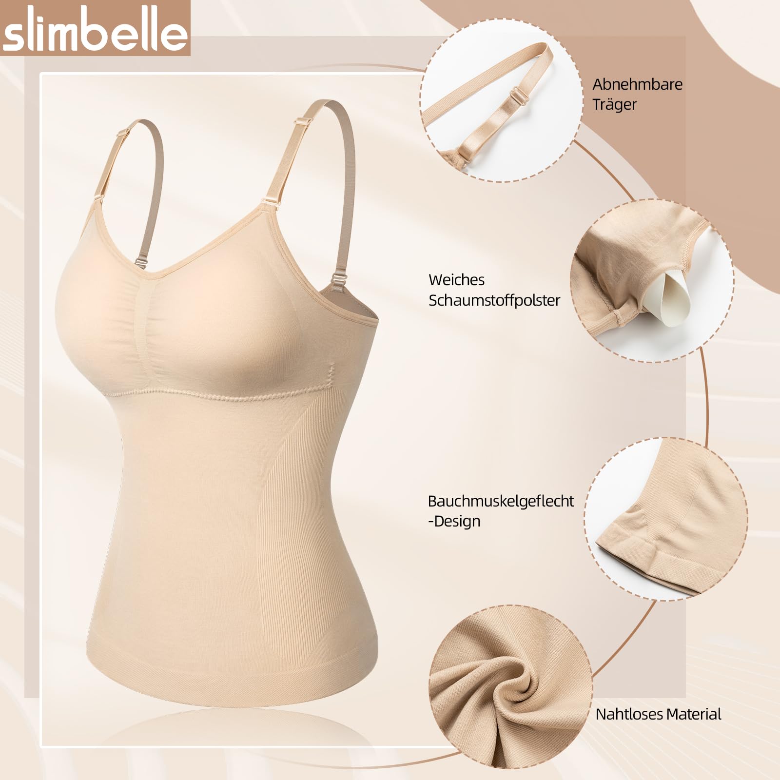SLIMBELLE Damen Unterhemd Bauch Weg Camisole Top Body Shaper Nahtloses Figurformendes Tanktop Shaping BH Hemd Formendes Top Spaghettiträger Oberteil