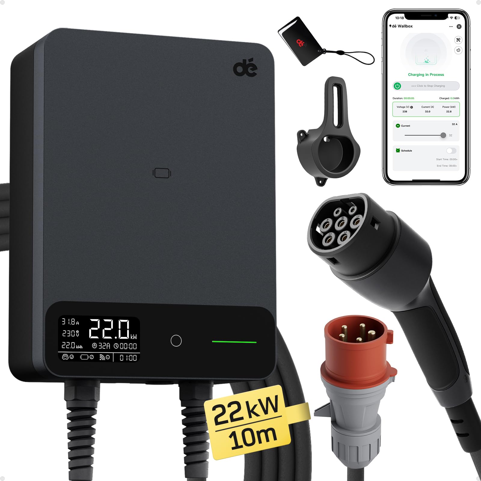 dé Estación de Carga Coche Electrico 22kW App [6-32A, Trifásico] Wallbox 22kW con Cable Tipo 2 7,5 m, RFID, Estación de Carga con RCD Tipo-B y Protección ip54 para Model Y/3 y Otros BEV/PHEV — view 16
