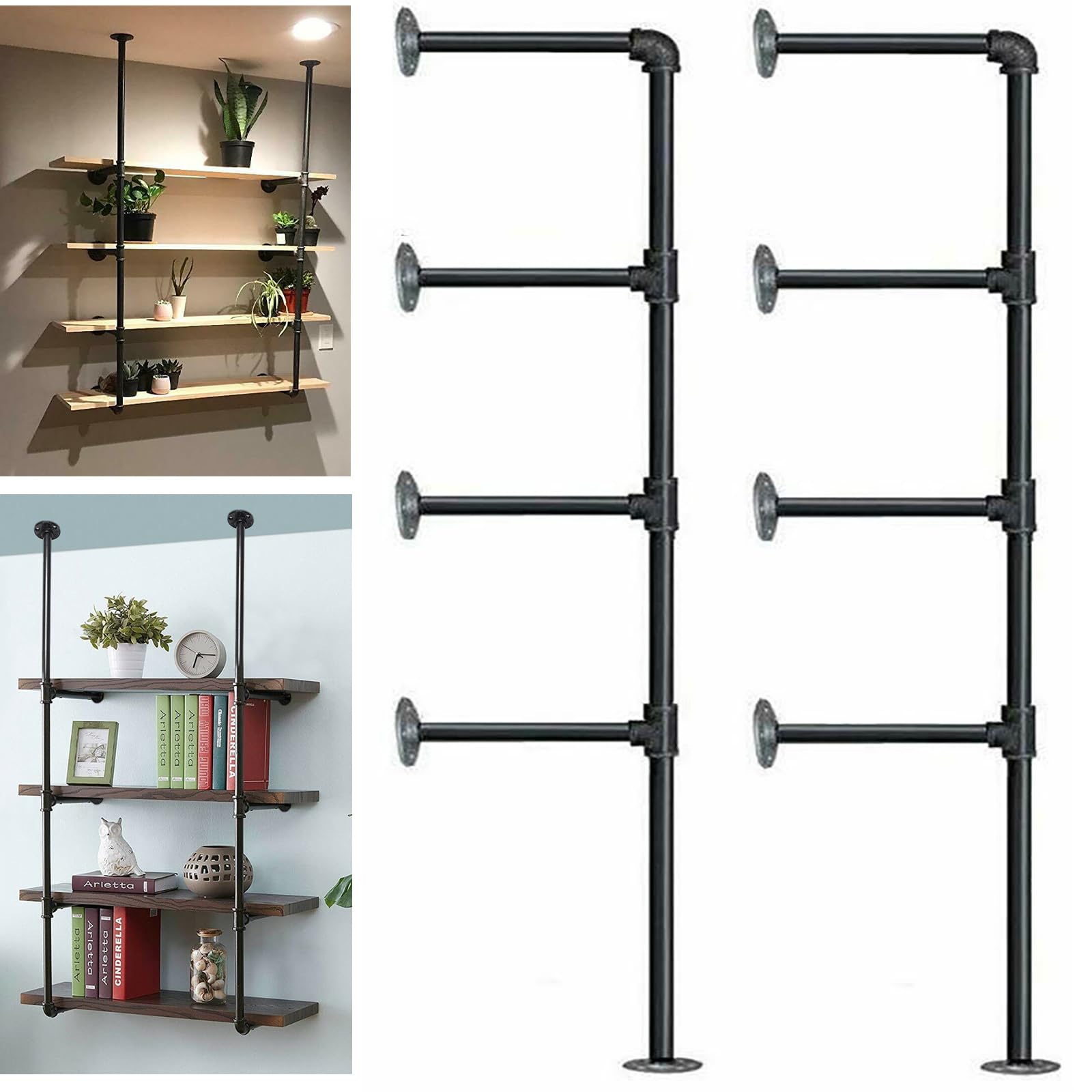 4.5 Tier Industrial Pipe Bookshelves, Open Metal Floating Shelves