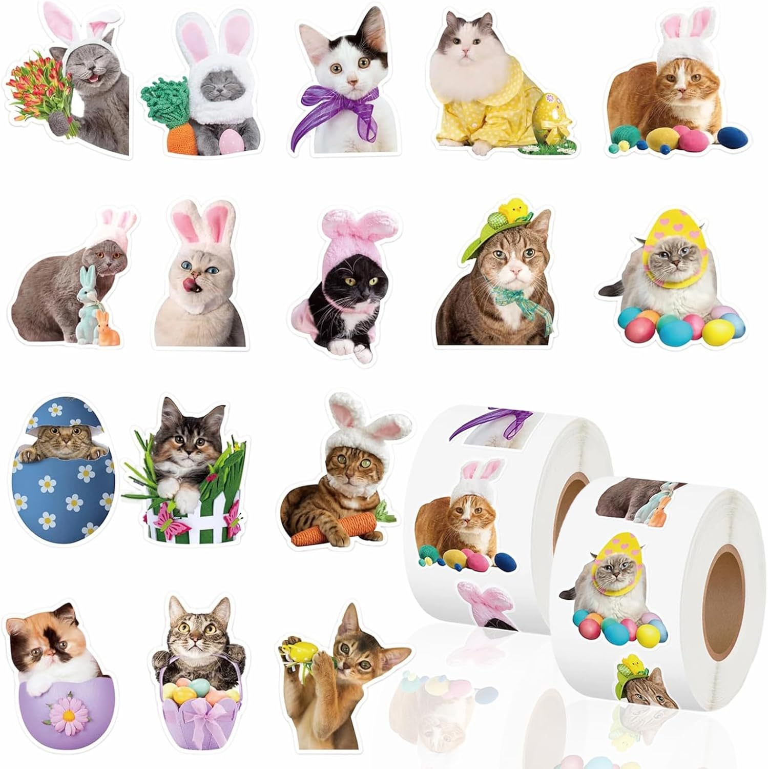 2 Rolls Easter Cat Stickers Roll, 500Pcs 1.2" Holiday Dress up Cat Stickers for Kids, 16 Designs Sticker Roll, Easter Funny Self-Adhesive Decals for Envelope Scrapbook Decor Holiday Party Supplies