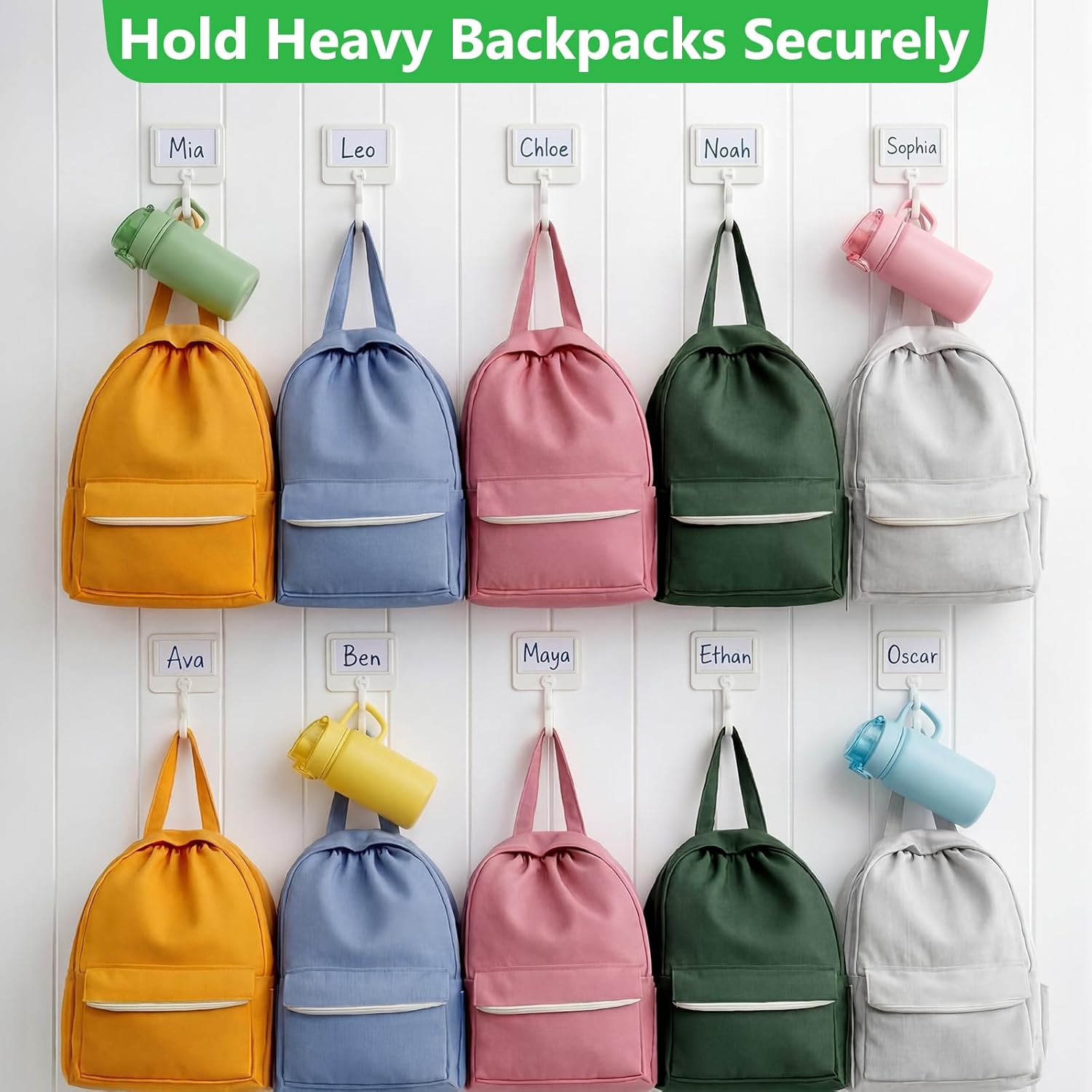 Unittype 10 Pack School Bag Hooks for Wall Heavy Duty Backpack Hook Coat Hooks Wall Mounted with Name Label Whiteboard Marker Double Decorative Hanger for Bag Coat Scarf Hat Key Cup