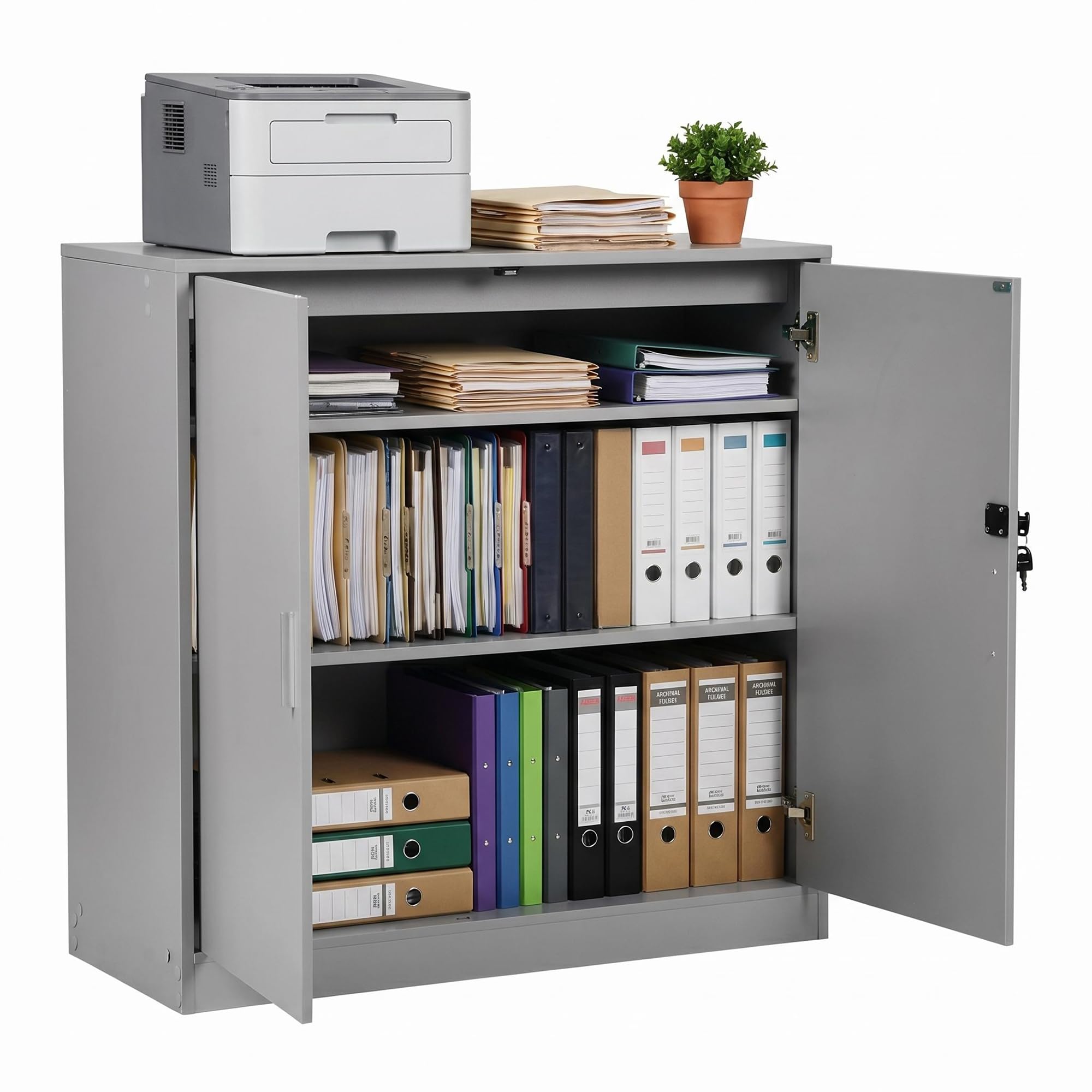 Armadio Ufficio, Schedario da Ufficio Multiuso con Serratura Chiave, Ripiani Regolabile e Due Ante, Armadietto Salvaspazio Mobiletto per Cucina Soggiorno Officina Credenza Stampante,Grigio