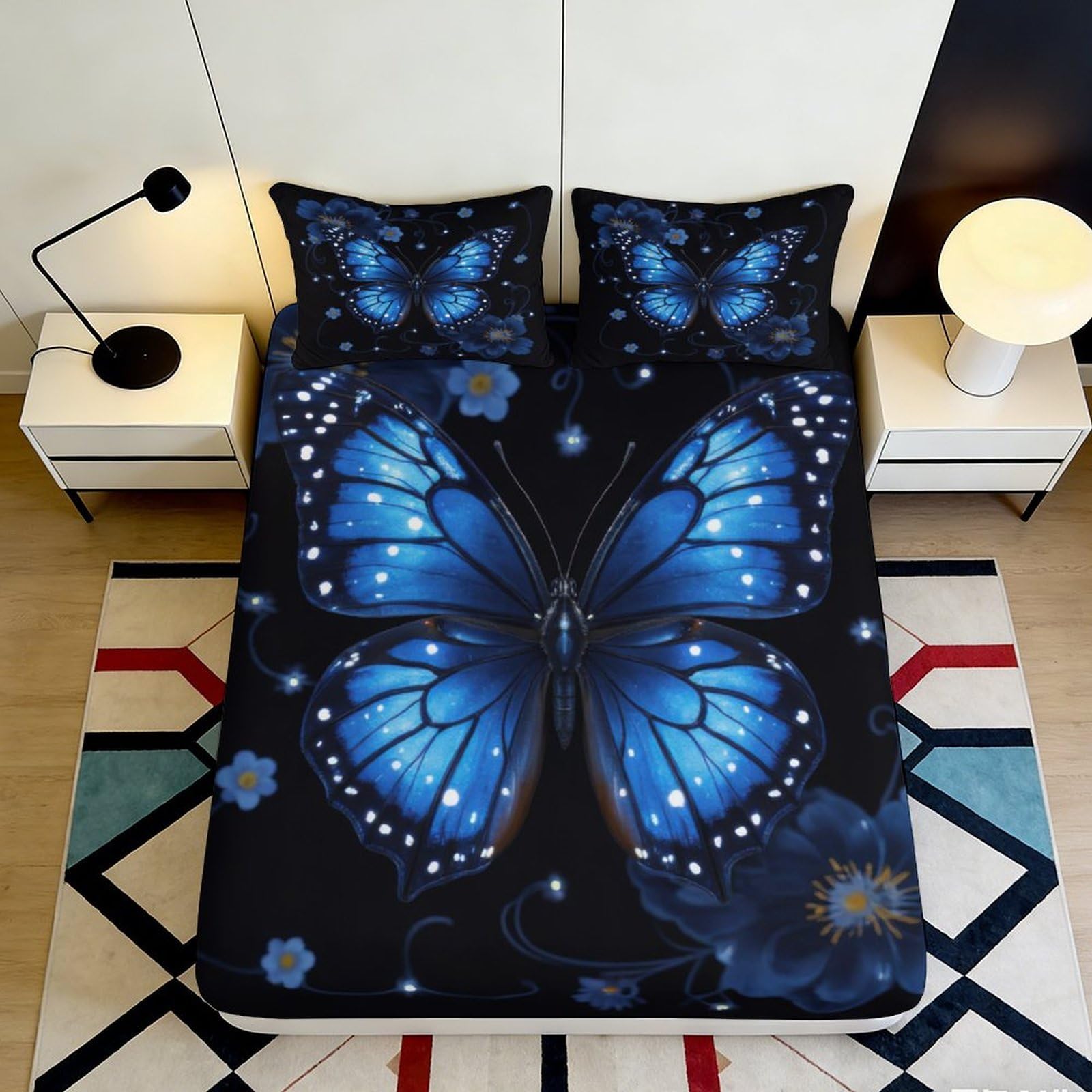 3D Printed Butterfly Fitted Sheet Microfiber Non-Slip Deep Pocket Butterfly Mattress Fitted Cover Elastic Washable Bedding 160x200x25cm