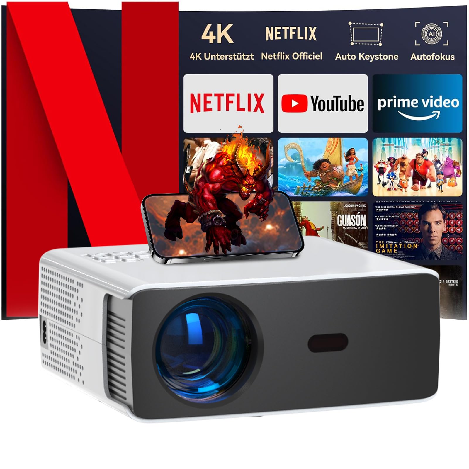 Multipic 8.1 Tragbarer 4K Beamer, kabellos mit Android 9.0, Auto-Fokus und Keystone-Korrektur, 2,5 Stunden Akku, 5000 Lumen Helligkeit, Dual-Band WiFi und Bluetooth 5.0, ideal für Heimkino und Outdoor